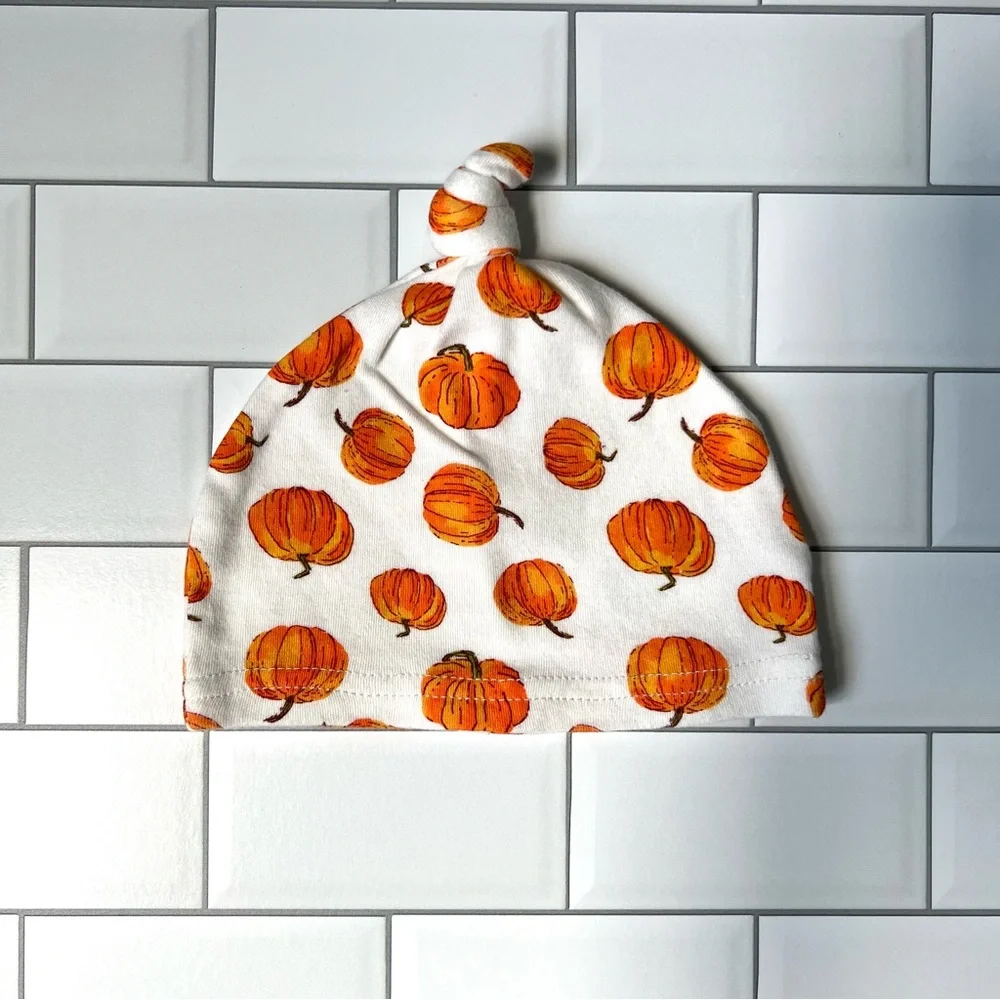 0-6M🎃 Baby Pumpkin Printed Knotted Hat Halloween Fall Autumn Style